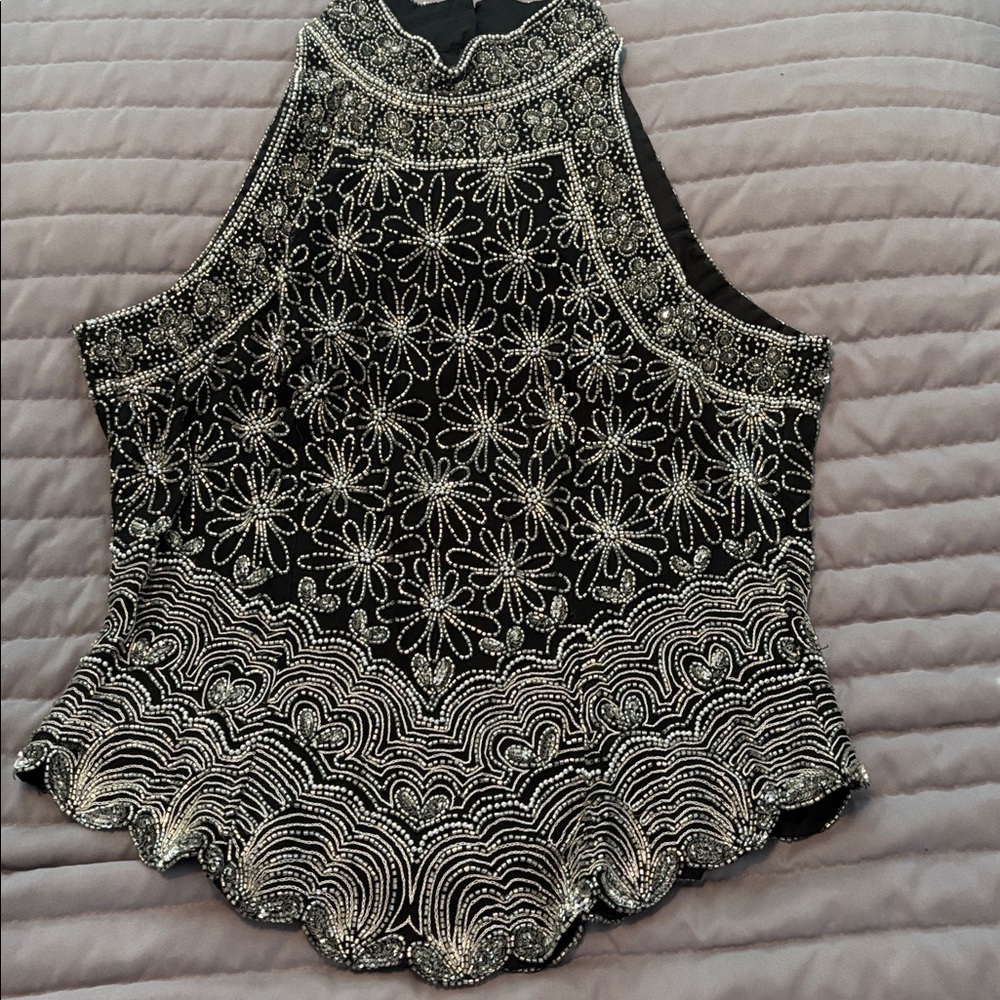 Papell Boutique Black and Silver Beaded Evening Top